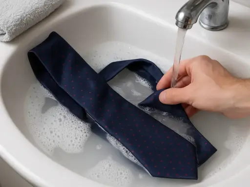 Lavando una corbata de seda con vinagre en un lavabo con agua burbujeante.