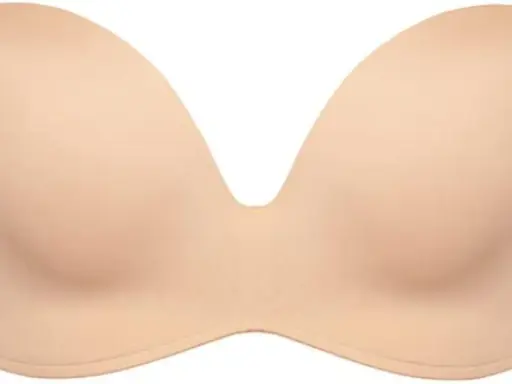 Reggiseno Wonderbra color carne, senza spalline, con scollatura profonda a V. Perfetto per abiti eleganti.