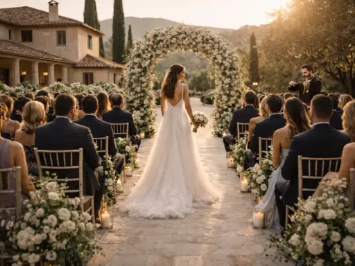 Novia camina hacia el altar bajo un arco floral, mientras un violinista toca. La ceremonia, con invitados sentados, evoca el ambiente de canciones de boda modernas.