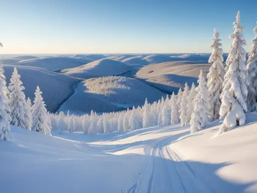 Snöklädda kullar och granar i solnedgången nära gruvberget i Boden. En skidspår leder genom det orörda vinterlandskapet.