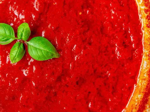 San Marzano Tomatensoße, perfekt für jedes Rezept. Ein Hauch frisches Basilikum rundet das Bild ab.