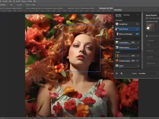 Retrato inteligente con filtros neurales de Photoshop. Una mujer con cabello pelirrojo y flores naranjas y rosas.