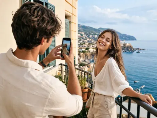 Un homme prend une photo de sa compagne sur un balcon avec vue sur la mer. Une petite attention pour immortaliser leur bonheur.
