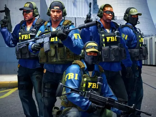 Pięciu agentów FBI w niebieskich kurtkach i kamizelkach taktycznych, gotowych do akcji w CS GO. VAC ban dla oszustów!