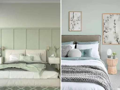 Deux chambres douillettes aux teintes vert sauge et beige, avec des lits confortables et des tableaux floraux apaisants.