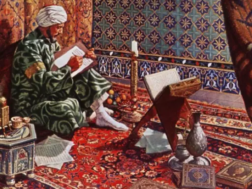 Ein Gelehrter im reichen Zelt, der schreibt. Die Szene zeigt, was die Araber erfunden haben: Wissen, Kunst und Wissenschaft.