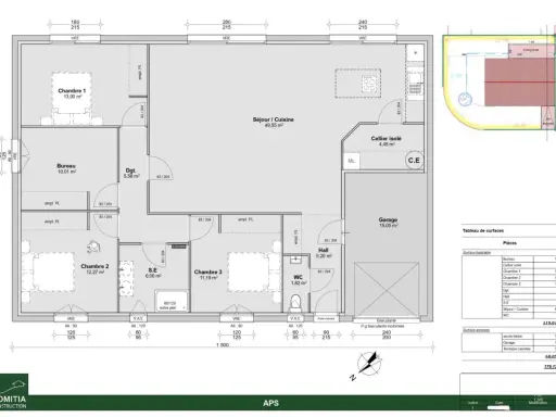 Plan maison plain-pied 3 chambres avec garage et cellier. Idéal pour une famille, ce plan offre un espace de vie lumineux et fonctionnel.
