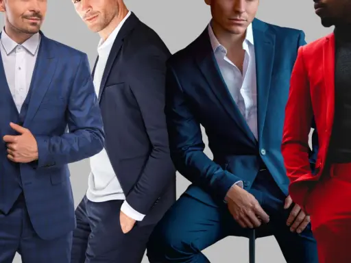 Czterech mężczyzn w eleganckich garniturach. Jeden w kratę, drugi granatowy, trzeci w ciemnym odcieniu niebieskiego, a czwarty w jaskrawoczerwonym power suit.
