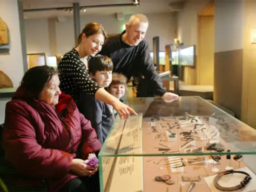 A family, including a woman in a wheelchair, examines artifacts in a museum display, perhaps inspired by famous art curators.