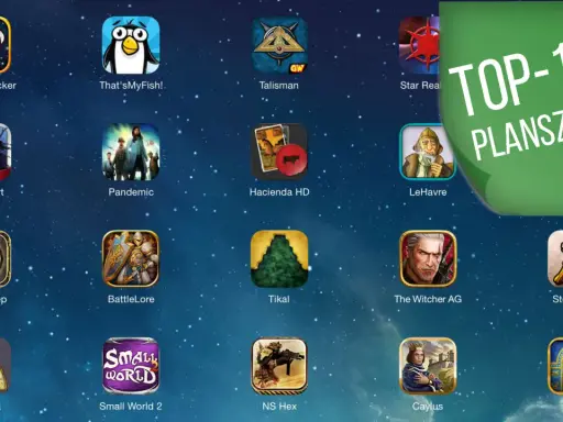 Kolekcja ikon gier na iPada, w tym "Galaxy Trucker", "Pandemic" i "The Witcher AG". Zielona nakładka z napisem "TOP-100 PLANSZÓWEK" sugeruje ranking najlepszych gier planszowych dostępnych na urządzenia mobilne.