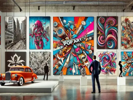 Galerie d'art moderne avec une voiture orange vintage. L'estimation tableau est en cours, avec des œuvres pop art colorées et abstraites.