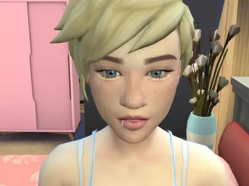 Simka z modami do The Sims 4, ma niebieskie oczy i ozdobne rzęsy.