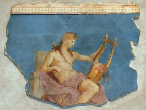 Apollon, griechischer Gott des Lichts, sitzt mit einer Lyra auf blauem Grund.