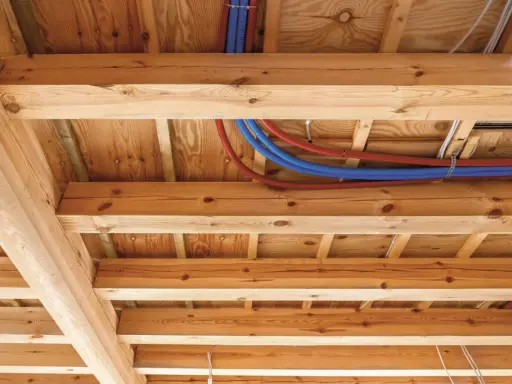 Drewniane belki stropowe z widocznymi instalacjami hydraulicznymi i elektrycznymi.