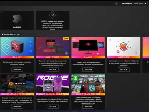 OMEN Gaming Hub: zarządzaj grami, personalizuj RGB w Light Studio, przeglądaj galerię, korzystaj z instruktażu AI i strumieniuj rozgrywkę zdalnie.