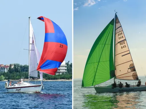 Voiliers en pleine course, l'un avec un spi asymétrique rouge et bleu, l'autre avec une voile verte éclatante.