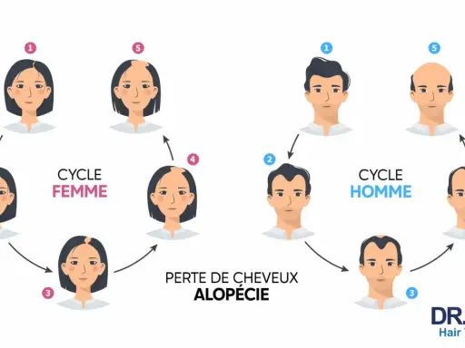 Illustration du cycle de perte de cheveux chez l'homme et la femme, montrant le début de calvitie et l'alopécie.