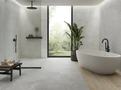 Baño moderno con ducha y bañera. Ideas para como combinar azulejos en duchas con texturas y acabados variados.