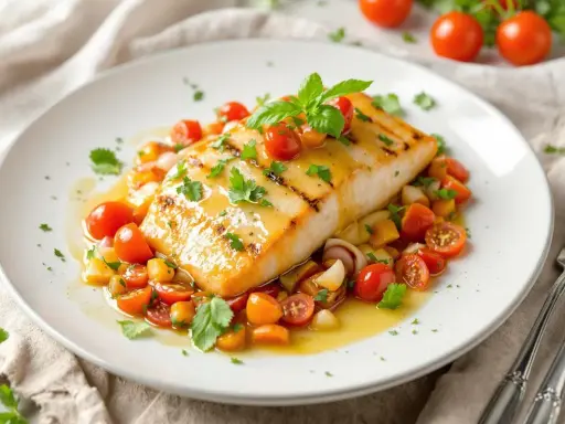 Filet de poisson grillé nappé d'une sauce vierge aux tomates cerises et herbes fraîches, servi sur un lit de légumes croquants.
