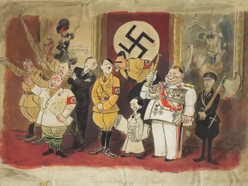 Karikatur des Nationalsozialismus: Hitler und seine Gefolgsleute, darunter Göring und Goebbels, werden grotesk dargestellt.