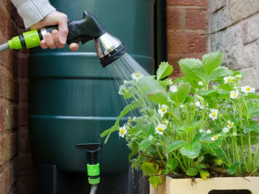 Arrosage de fraisiers en fleurs avec un tuyau connecté à un récupérateur d'eau de pluie, un schéma d'arrosage automatique avec pompe serait idéal.
