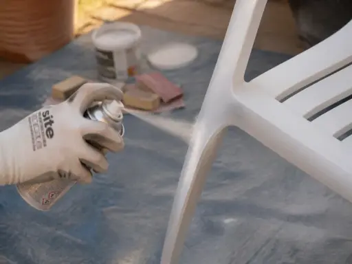 Application d'un apprêt sur une chaise blanche. Le temps de séchage de l'acétone avant peinture est crucial pour une finition parfaite.