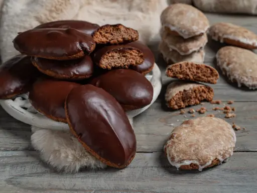 Biscotti tipici calabresi, alcuni ricoperti di cioccolato fondente, altri glassati, su un tavolo di legno.