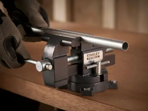 Manos enguantadas ajustan un tubo metálico en un tornillo de banco Stanley Fatmax, herramienta esencial para fijar piezas.