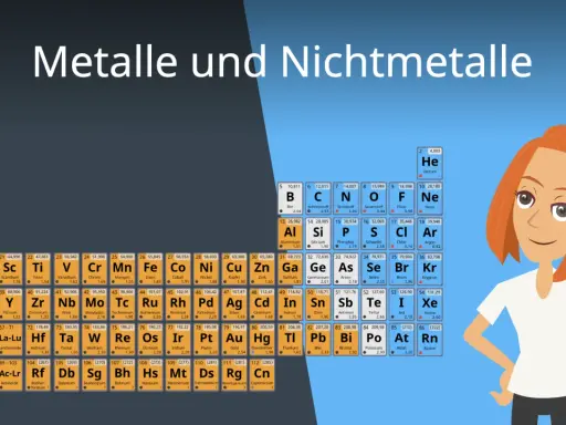 Eine Frau steht vor dem Periodensystem, das Metalle und Nichtmetalle zeigt.