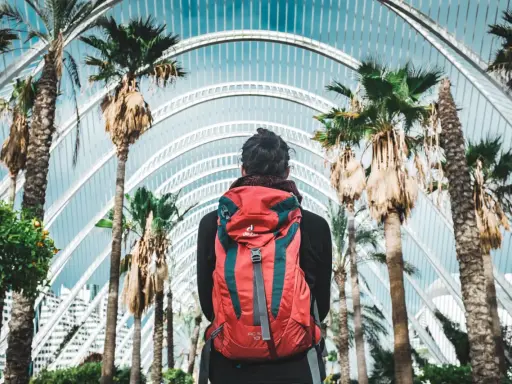 Viaggiatore con zaino rosso sotto palme e architettura moderna. La traduzione di "daffodils" è narcisi, ma qui non ci sono fiori.