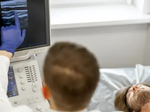 Lekarz wykonuje badanie doppler tętnic mózgowych, analizując obraz na monitorze USG.