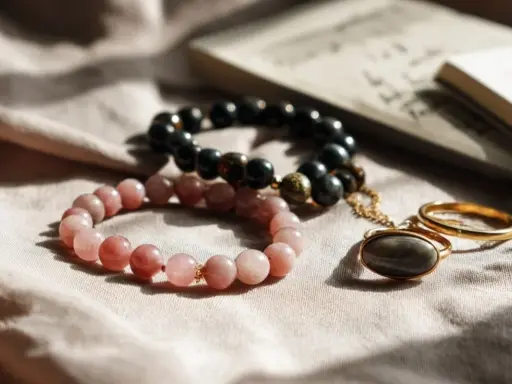 Dwie bransoletki, różowa i czarna, leżą obok złotego pierścionka. Co oznacza czarna bransoletka? Może symbolizować siłę i elegancję.