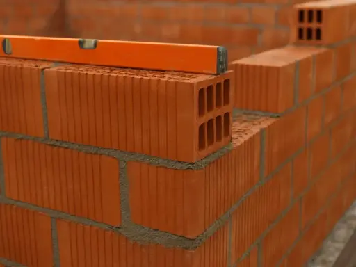 Nivel de burbuja sobre ladrillos huecos, mostrando la construcción de varios tipos de tabiques interiores.