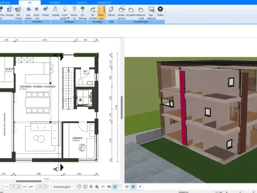 Grundriss in 3D umwandeln: Ein zweidimensionaler Bauplan wird zu einem dreidimensionalen Modell eines modernen Hauses mit mehreren Etagen.