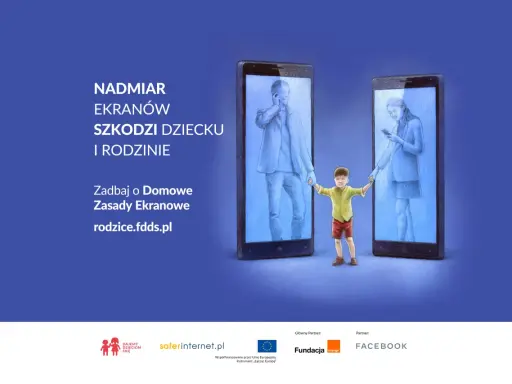 Nadmiar ekranów szkodzi dziecku i rodzinie. Chłopiec trzyma za ręce rodziców uwięzionych w smartfonach.