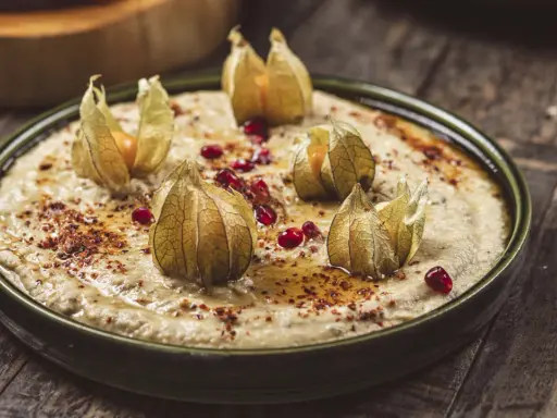 En krämig baba ganoush toppad med physalis och granatäppelkärnor på en rustik träyta.