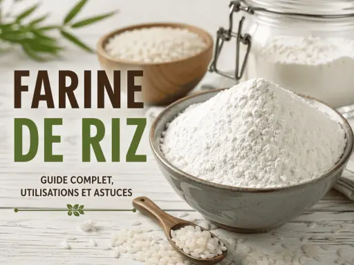 Guide complet sur la farine de riz : par quoi remplacer la farine de riz, ses utilisations et astuces. Gros plan sur des bols de riz et de farine.