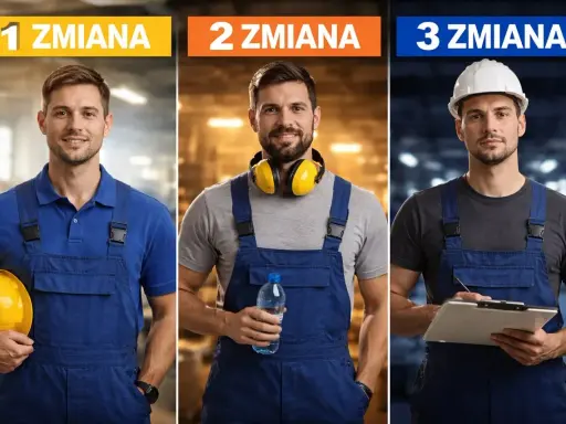 Trzech mężczyzn w kombinezonach, każdy reprezentuje inną zmianę w pracy: 1, 2 i 3.