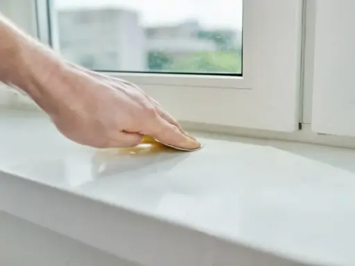 Dłoń szlifuje biały parapet, przygotowując go do montażu nakładki.