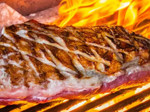 Jugosa viande de kobe a la parrilla, con marcas doradas y llamas naranjas danzando alrededor.
