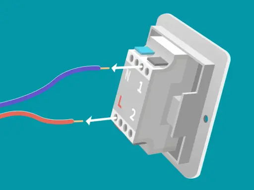 Schéma montrant comment connecter des fils à un nouveau dispositif pour changer interrupteur. Les fils rouge et violet sont guidés vers les bornes L et N.