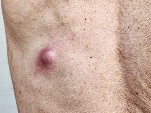 Widoczne grudki perliste u kobiet, jedna z nich jest zaczerwieniona i lekko opuchnięta, otoczona drobnymi czerwonymi kropkami na skórze.