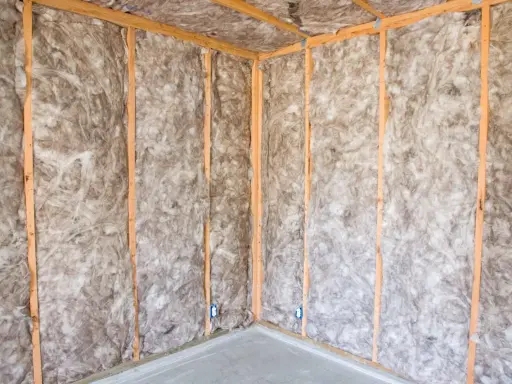 Coin d'une pièce en construction, murs et plafond recouverts d'isolation ouate de cellulose, structure en bois visible.