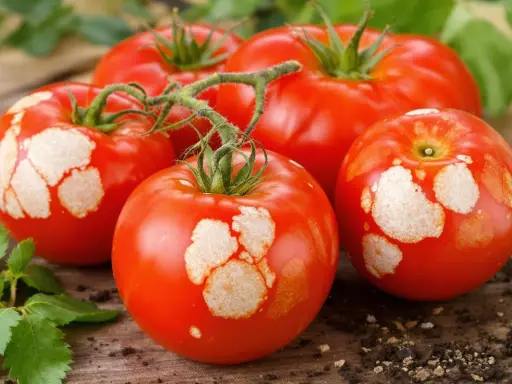 Tomates rouges avec des taches blanches sur la peau, posées sur du bois avec des feuilles vertes et de la terre.