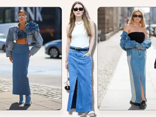 Tres mujeres lucen un outfit falda vaquera larga. Una con chaqueta y top a juego, otra con top blanco y cinturón, y la tercera con top negro y chaqueta vaquera.