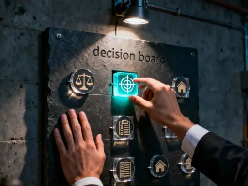 Man interactúa con un panel de decisiones, seleccionando un objetivo. El panel, con íconos de justicia, hogar y documentos, parece un tablero de control de una software house.