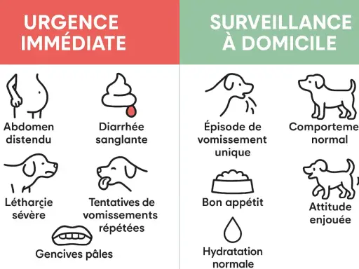 Urgence vétérinaire : chien avec diarrhée sanglante, abdomen distendu, léthargie, gencives pâles. Surveillance : épisode de vomissement unique, bon appétit.