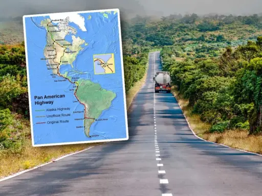 Mapa Pan American Highway z trasą od Alaski do Argentyny, obok droga przez zielone wzgórza z ciężarówką.