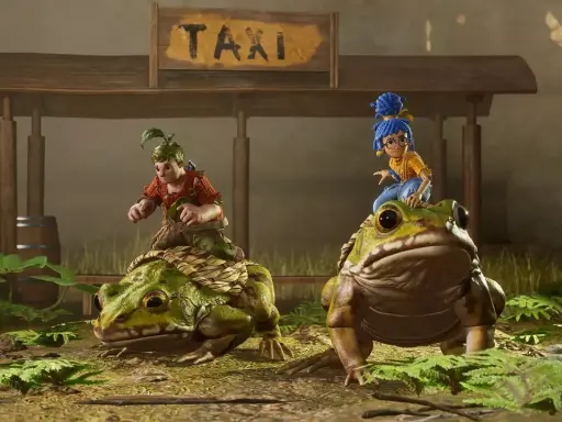 Deux personnages montent des grenouilles devant un panneau TAXI. Une scène de jeu mobile multijoueur entre amis.