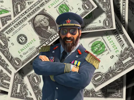 Generał w mundurze z medalami na tle dolarów. To najlepsza gra ekonomiczna, w której budujesz imperium!